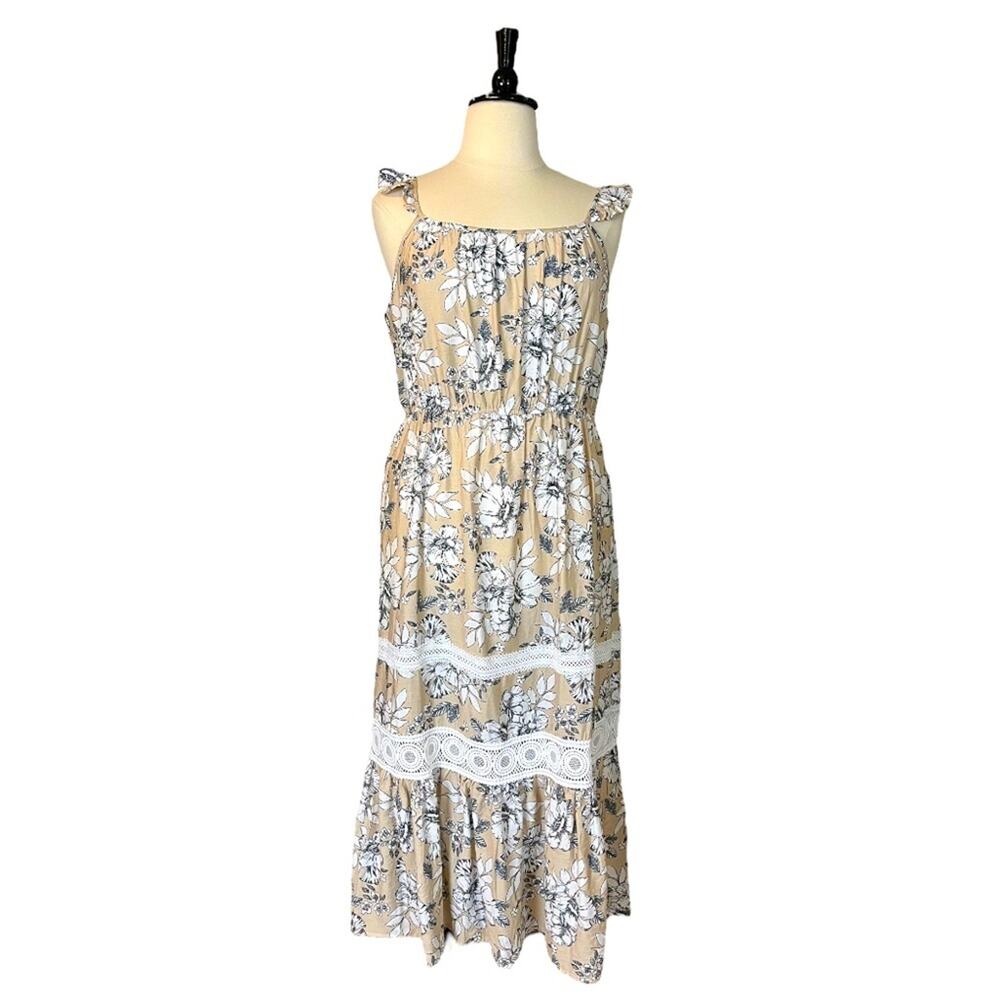 Ava Rose Maxi Dress Tan White Floral Ruffle Shoulders Women’s Size 2X